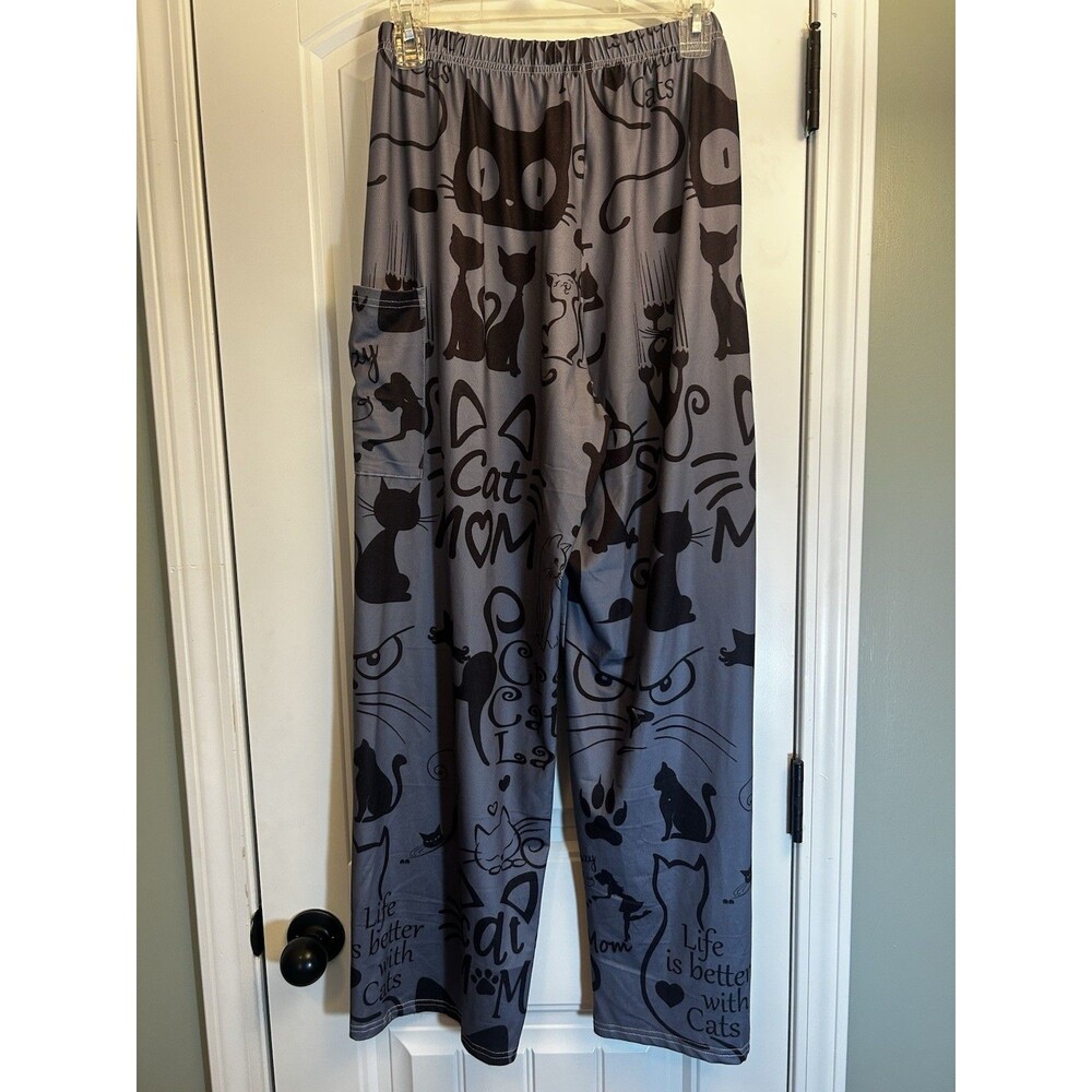 Cat Mom Lounge Pants Gray Black Print Stretch Casual Pants Front Pocket Sz L EUC - Picture 3 of 16
